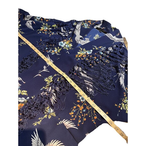 Jennafer Grace Kimono Robe Designer Handmade Blue Cranes Floral Fringe Boho S M - Picture 4 of 15